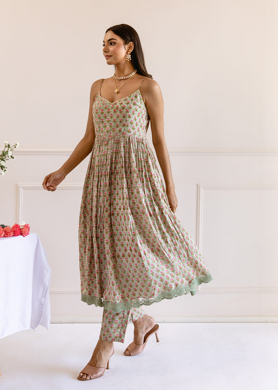 Green Printed Strappy Anarkali Suit Set