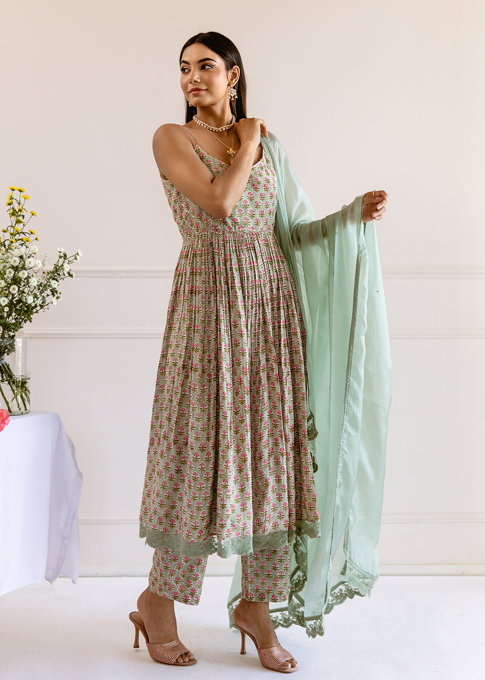 Green Printed Strappy Anarkali Suit Set