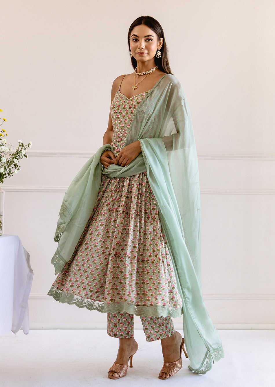 Green Printed Strappy Anarkali Suit Set