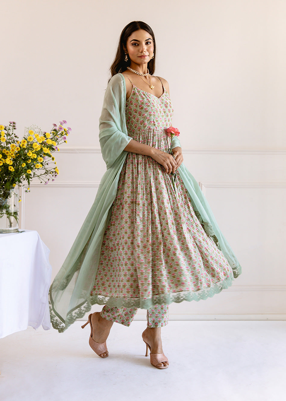 Green Printed Strappy Anarkali Suit Set