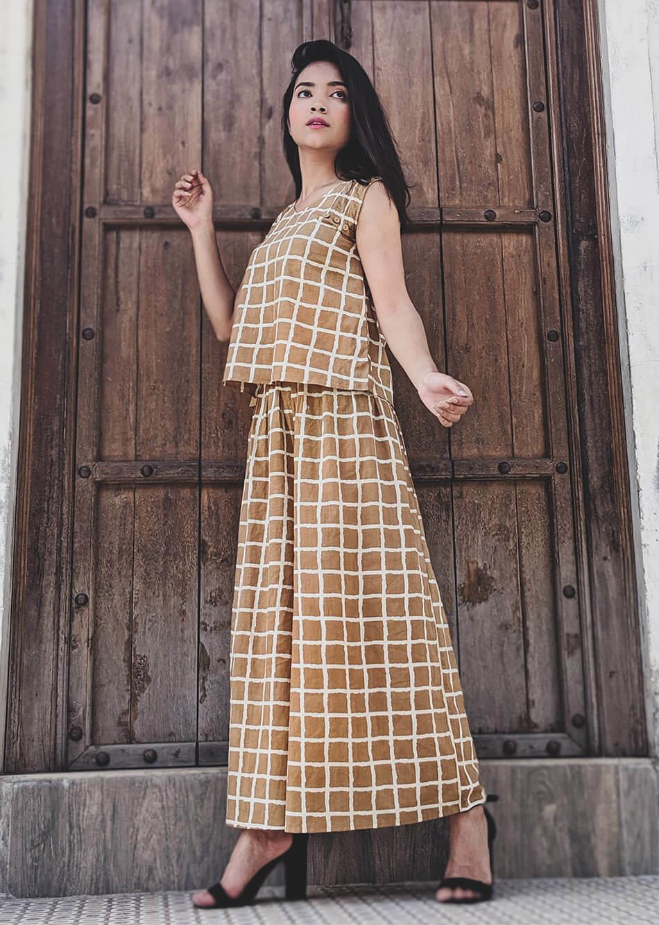 Brown Checks Sleeveless Co- Ord Set