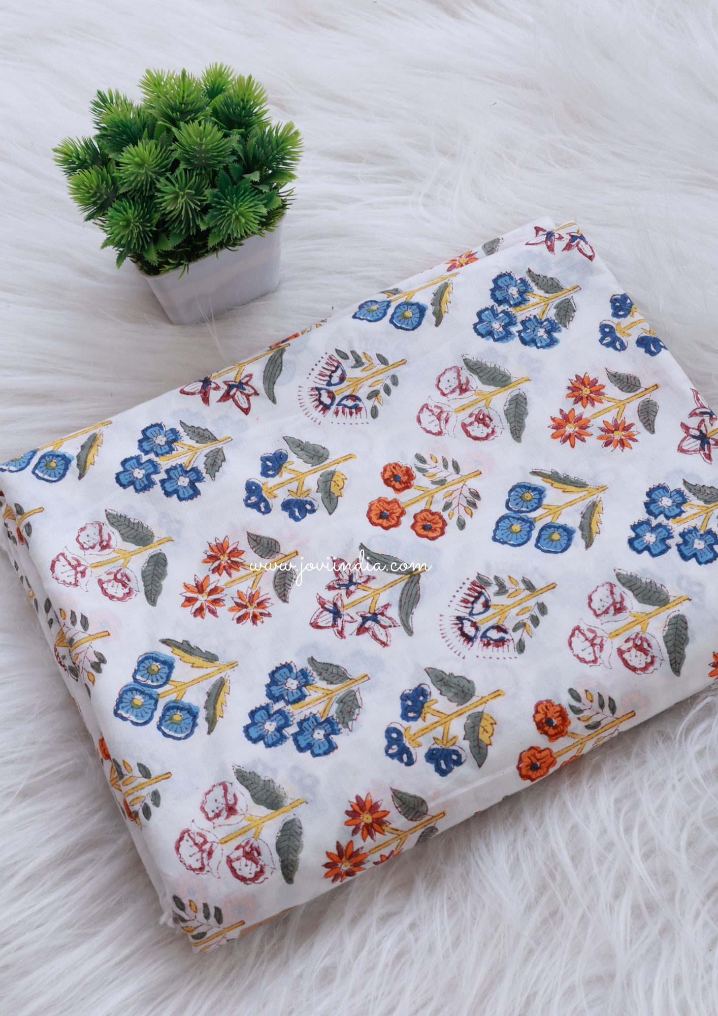 White Floral Hand Block Printed Fabric