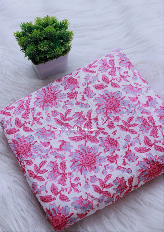 Pink Floral Kantha Weave Fabric