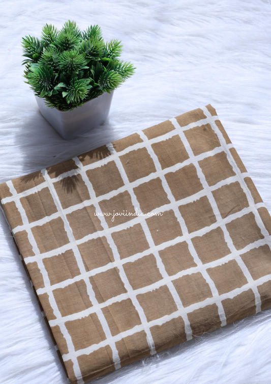 Brown Cotton Checks Block Printed Fabric