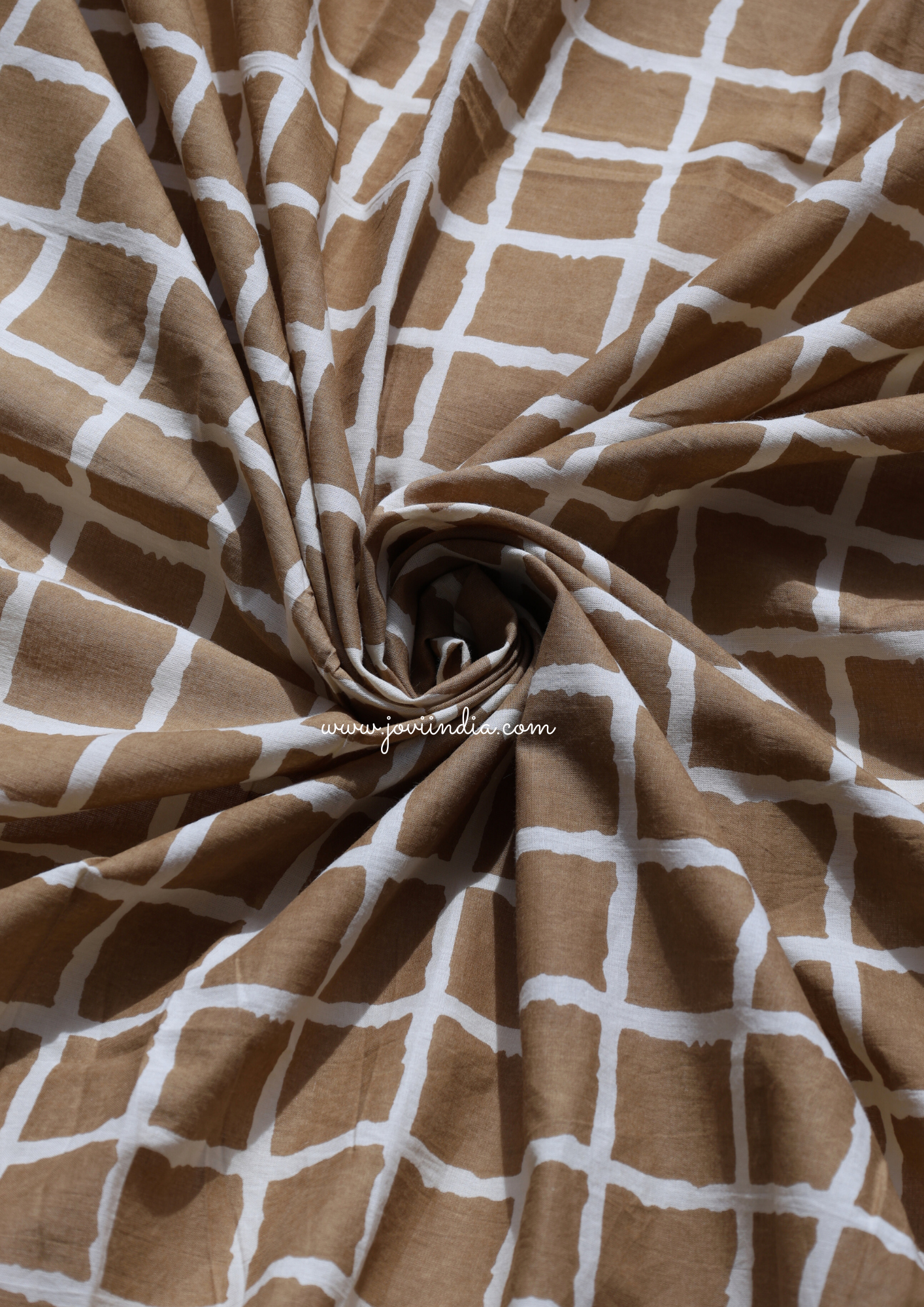 Brown Cotton Checks Block Printed Fabric