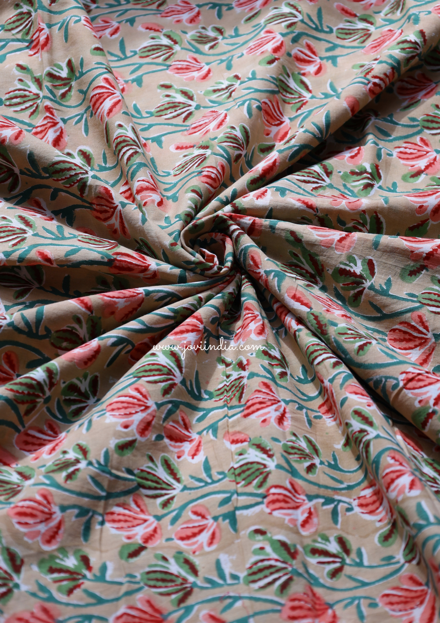 Green Floral Hand Block Printed Fabric