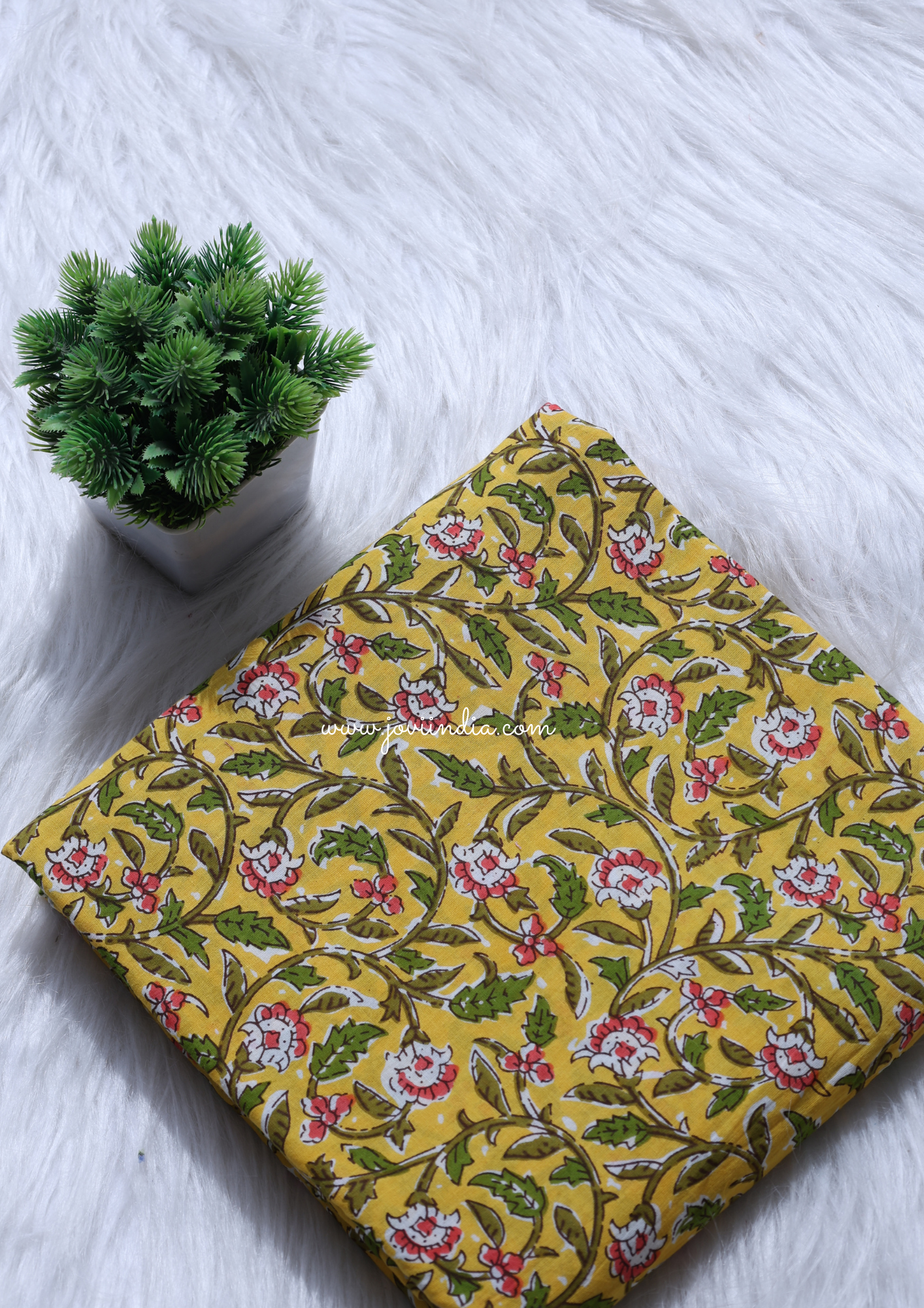 Mustard Floral Hand Block Printed Fabric