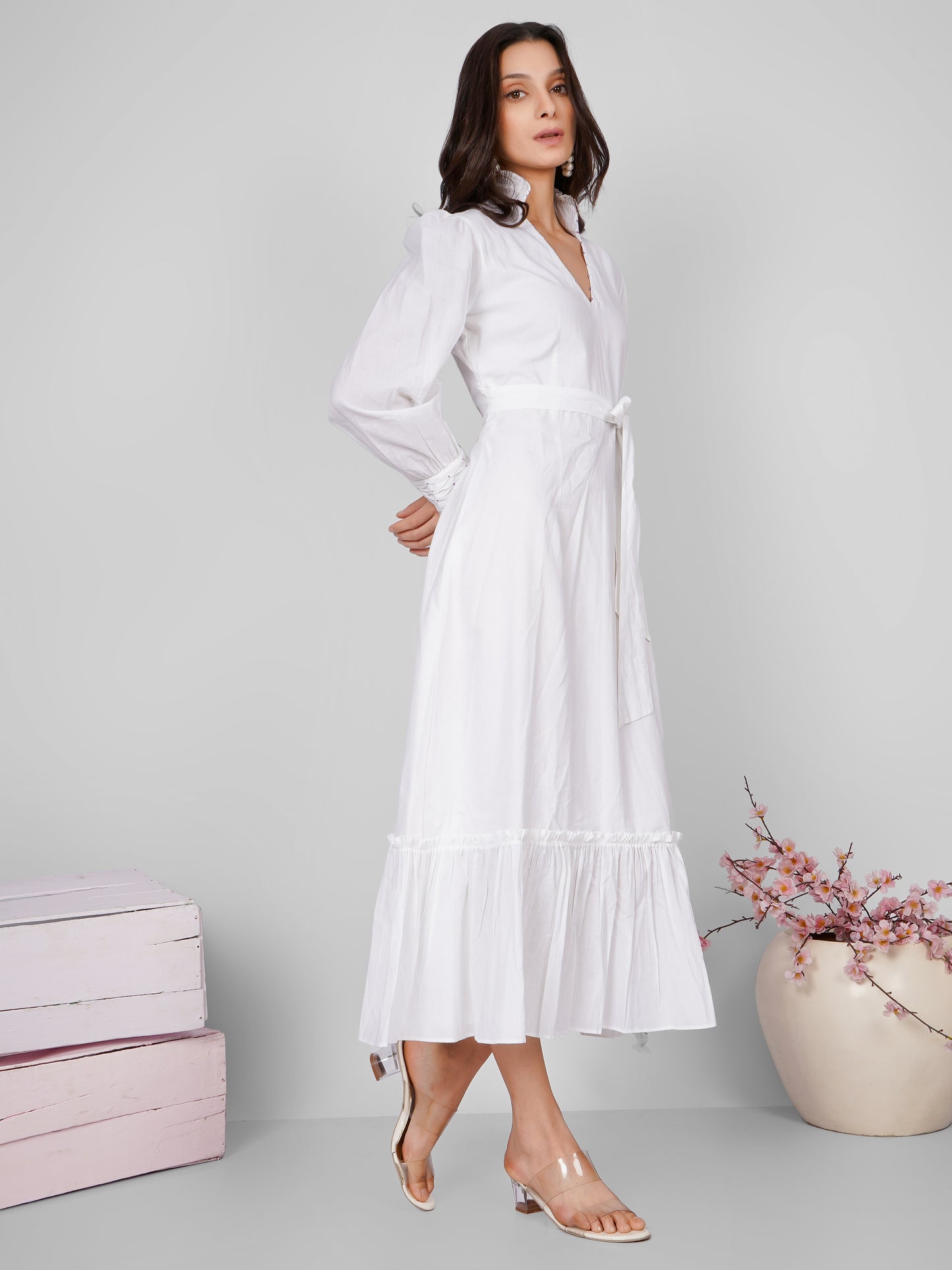 White Collared Belt Dress