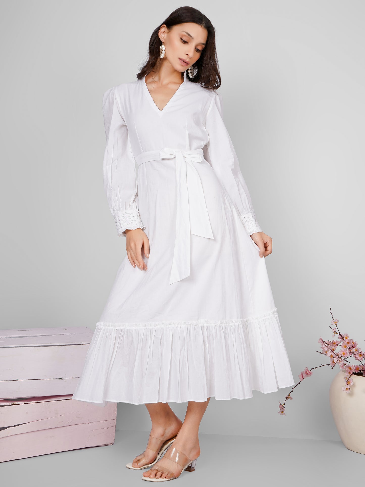 White Collared Belt Dress