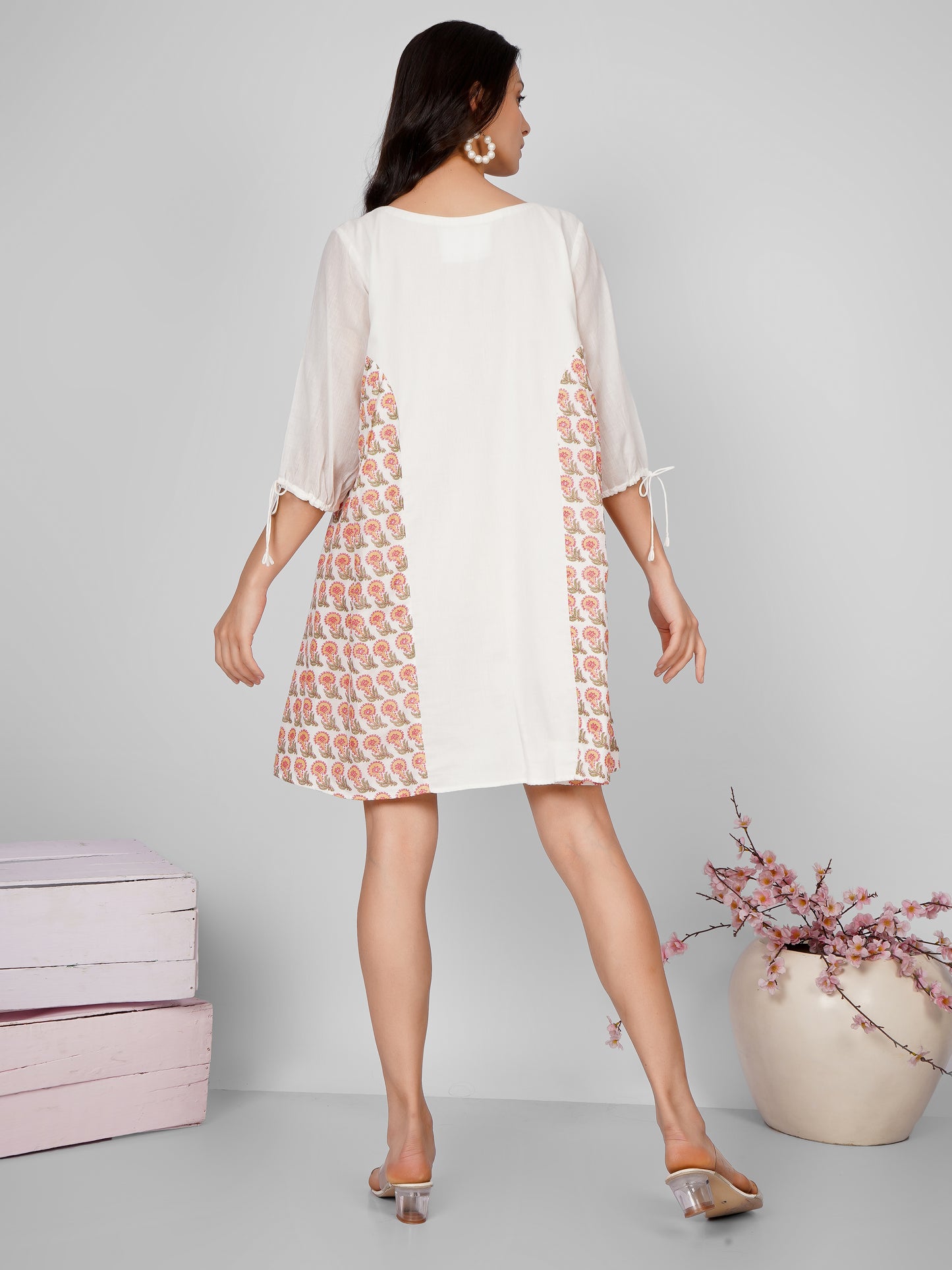 White Side Printed Gather Dress