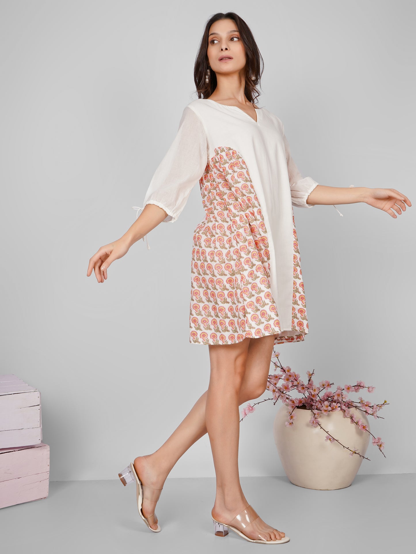 White Side Printed Gather Dress