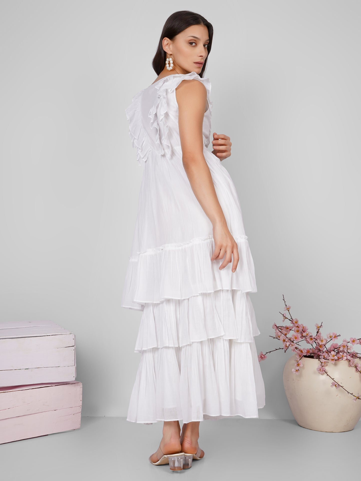 White Frill Neckline Tiered Long Dress