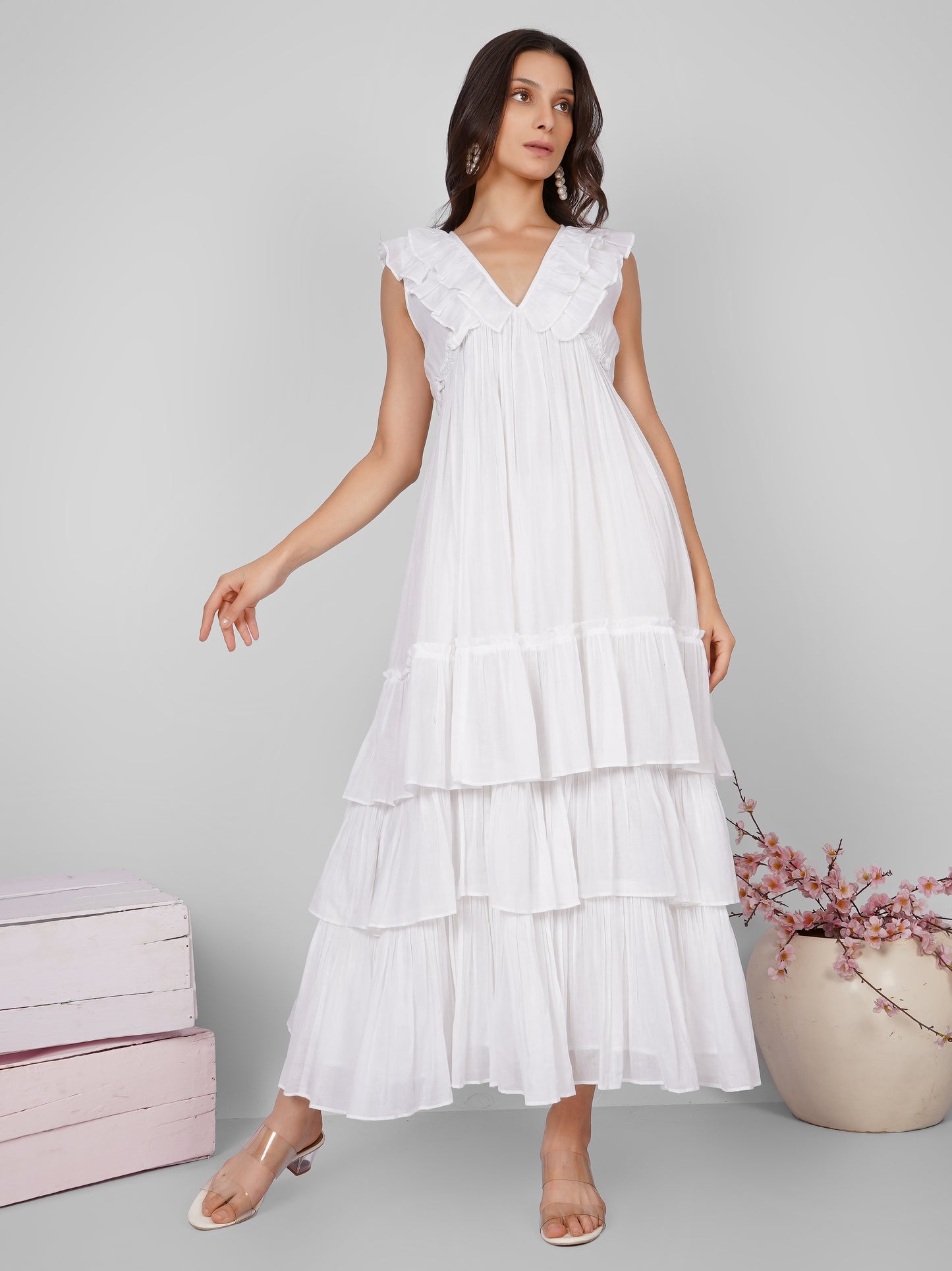 White Frill Neckline Tiered Long Dress