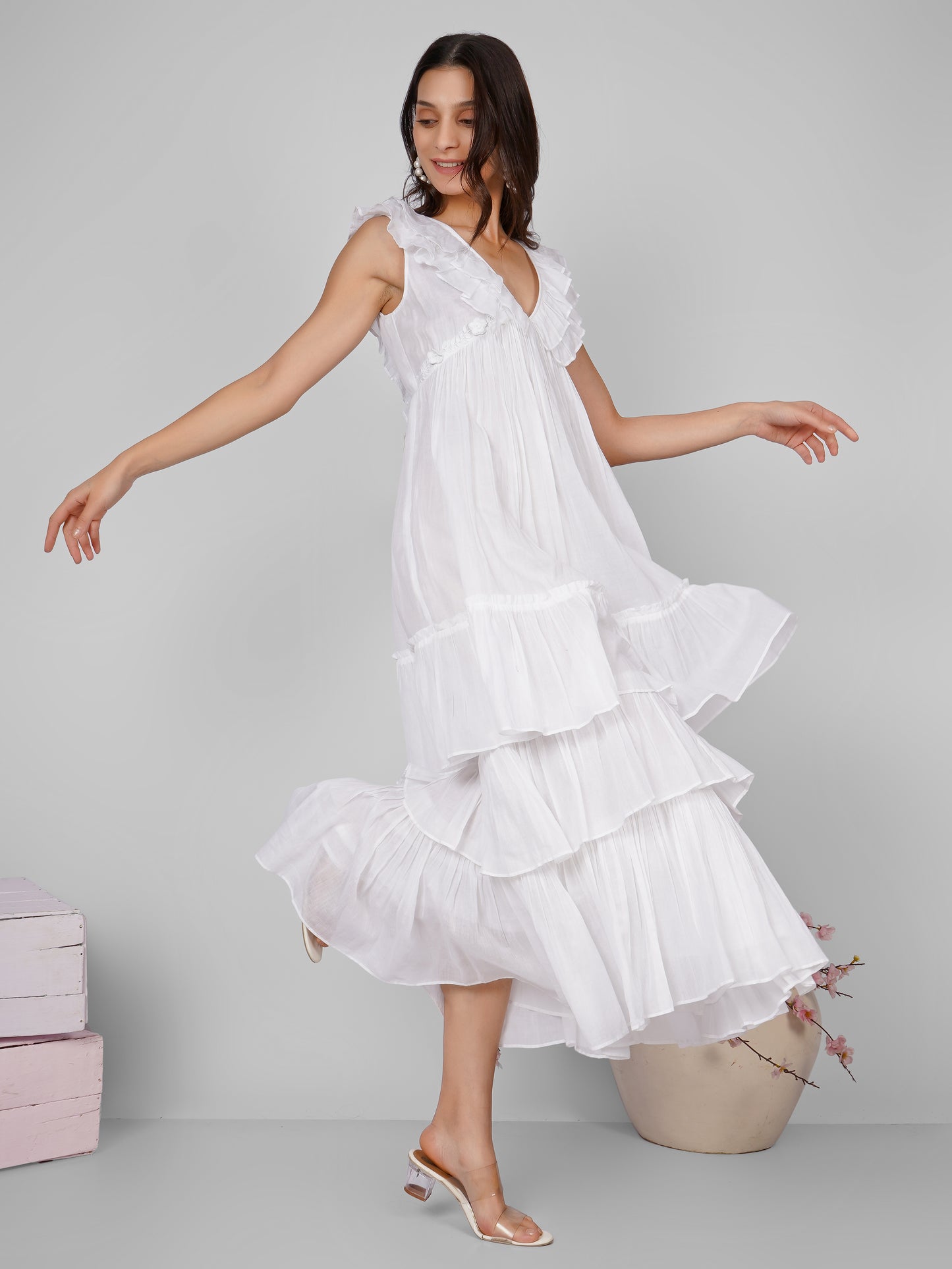 White Frill Neckline Tiered Long Dress