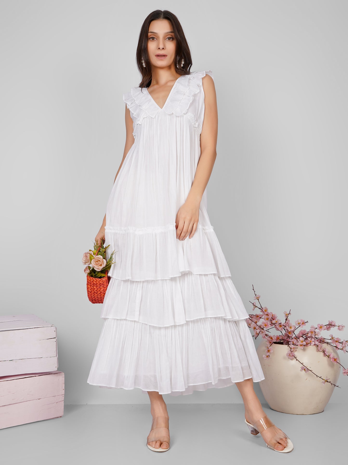 White Frill Neckline Tiered Long Dress