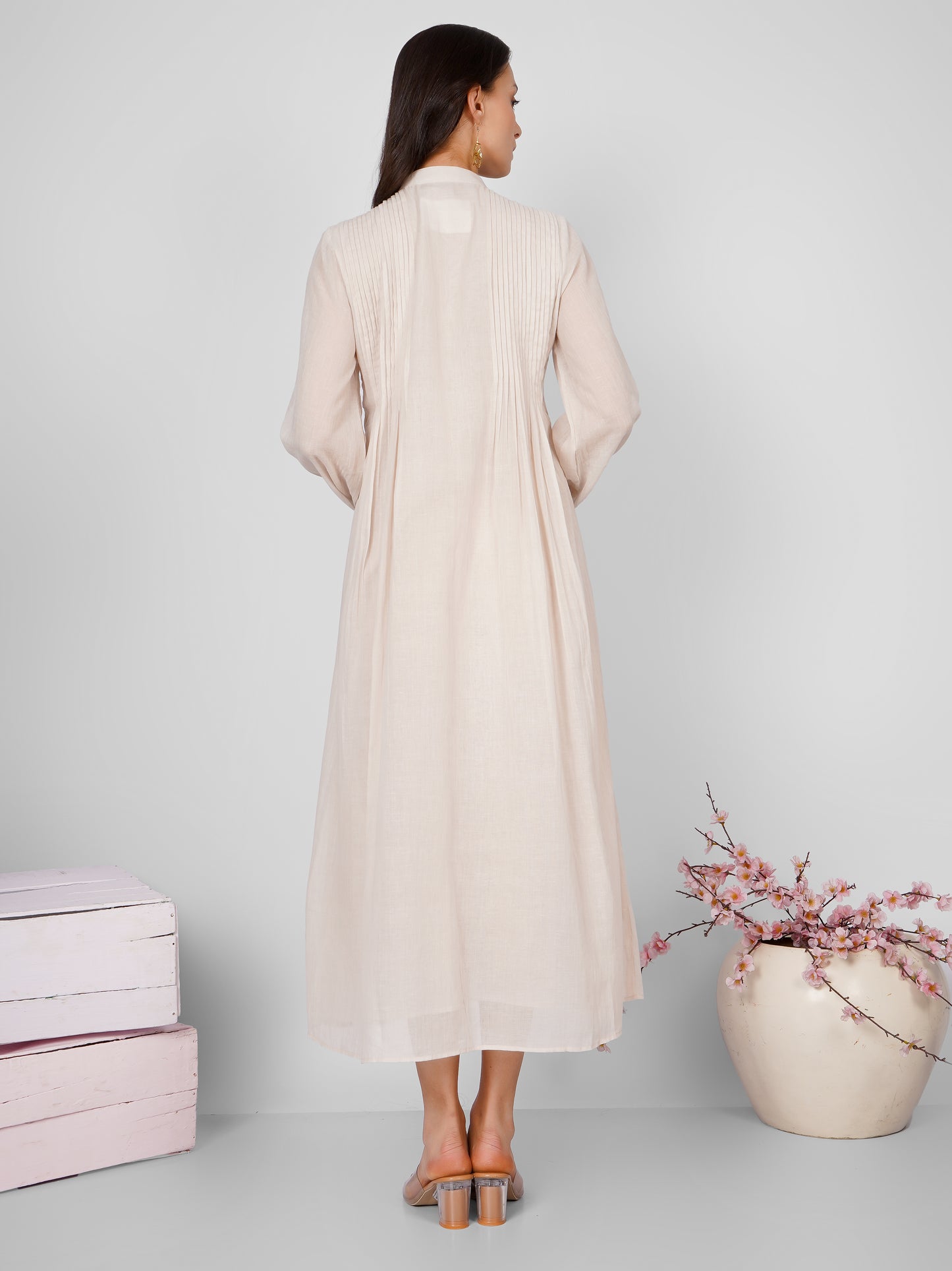 Beige Pintucks Shirt Dress