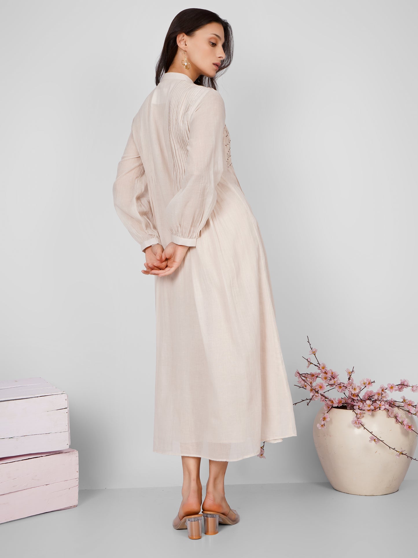 Beige Pintucks Shirt Dress