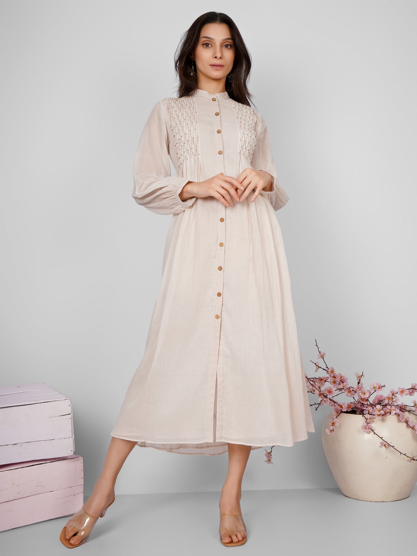 Beige Pintucks Shirt Dress