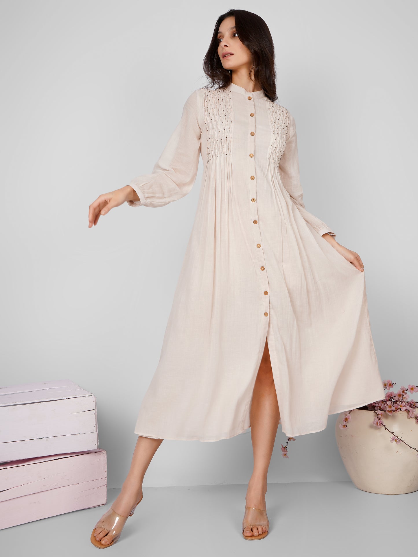 Beige Pintucks Shirt Dress