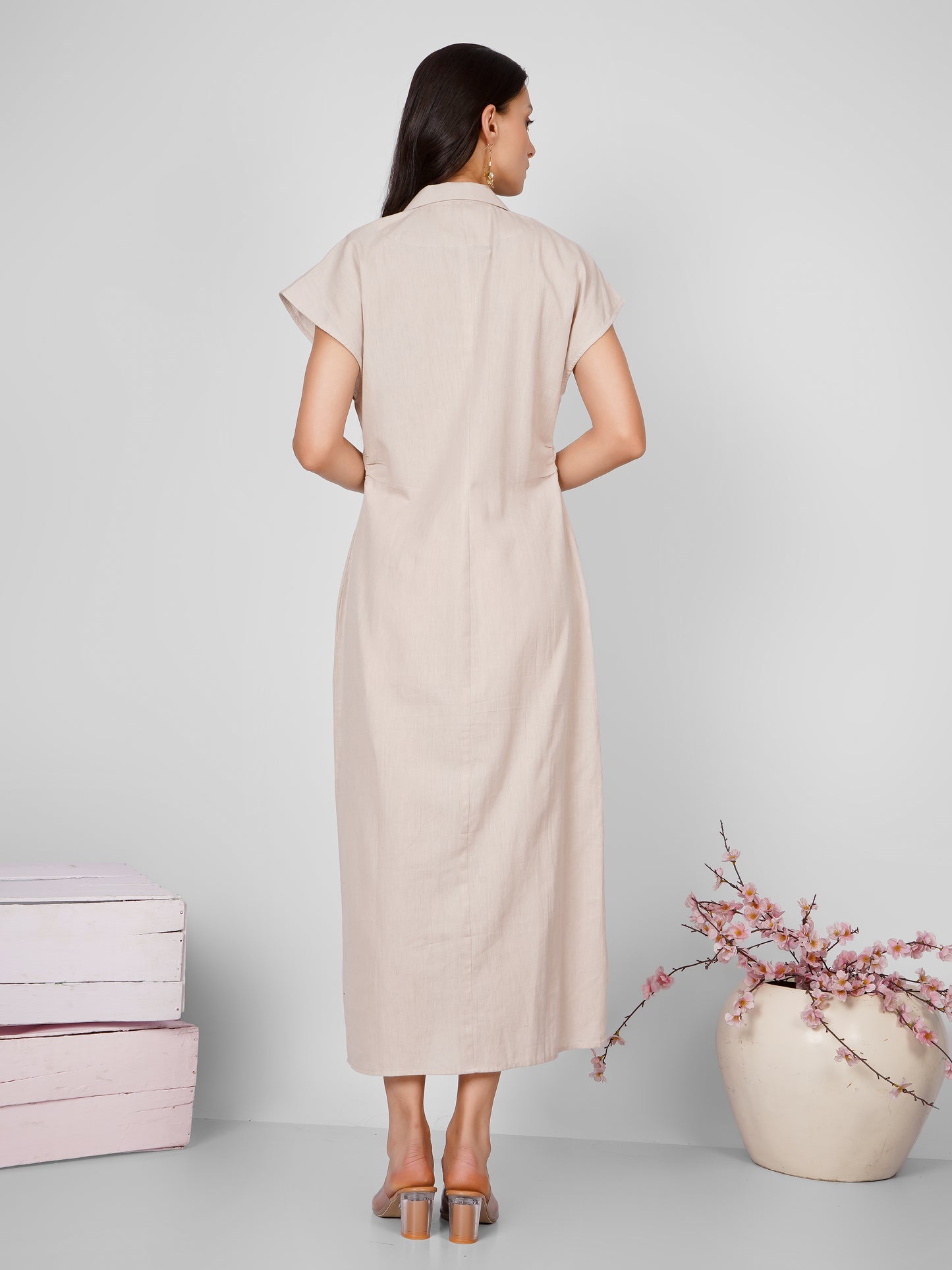 Beige Shirt Midi Dress