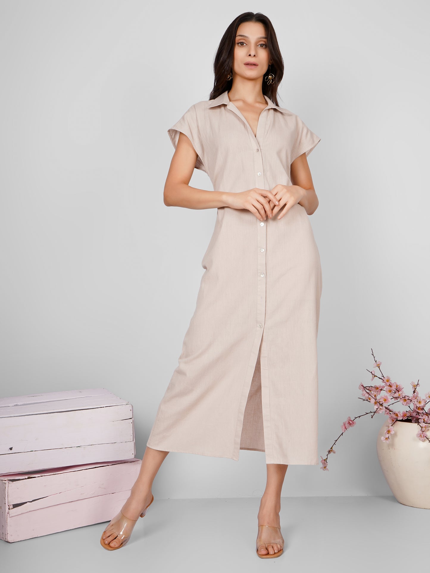 Beige Shirt Midi Dress