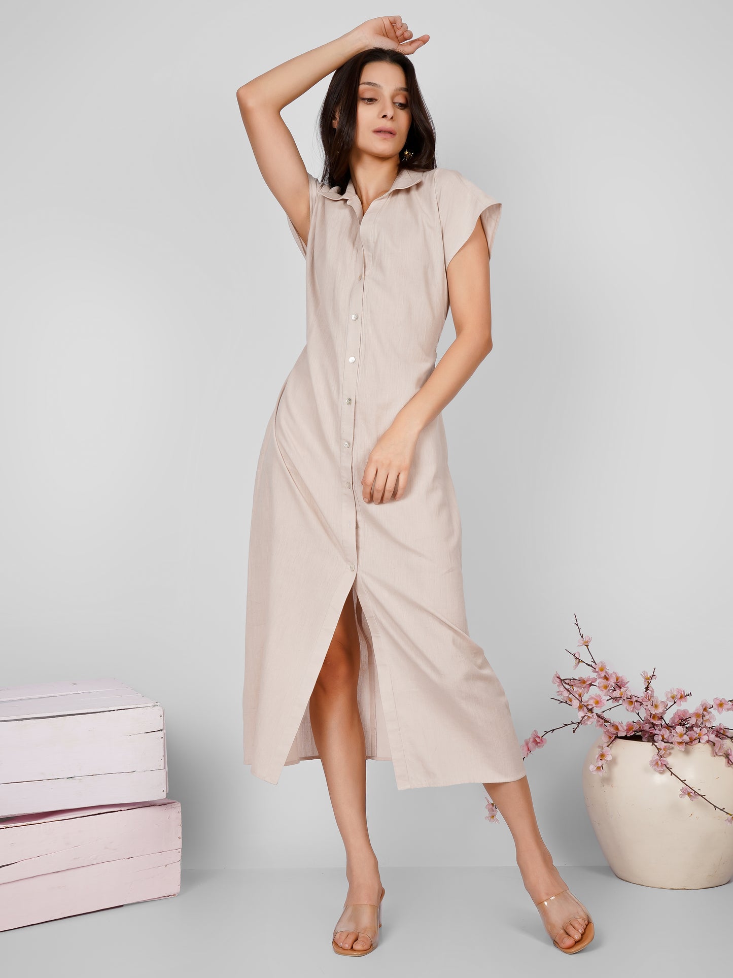 Beige Shirt Midi Dress