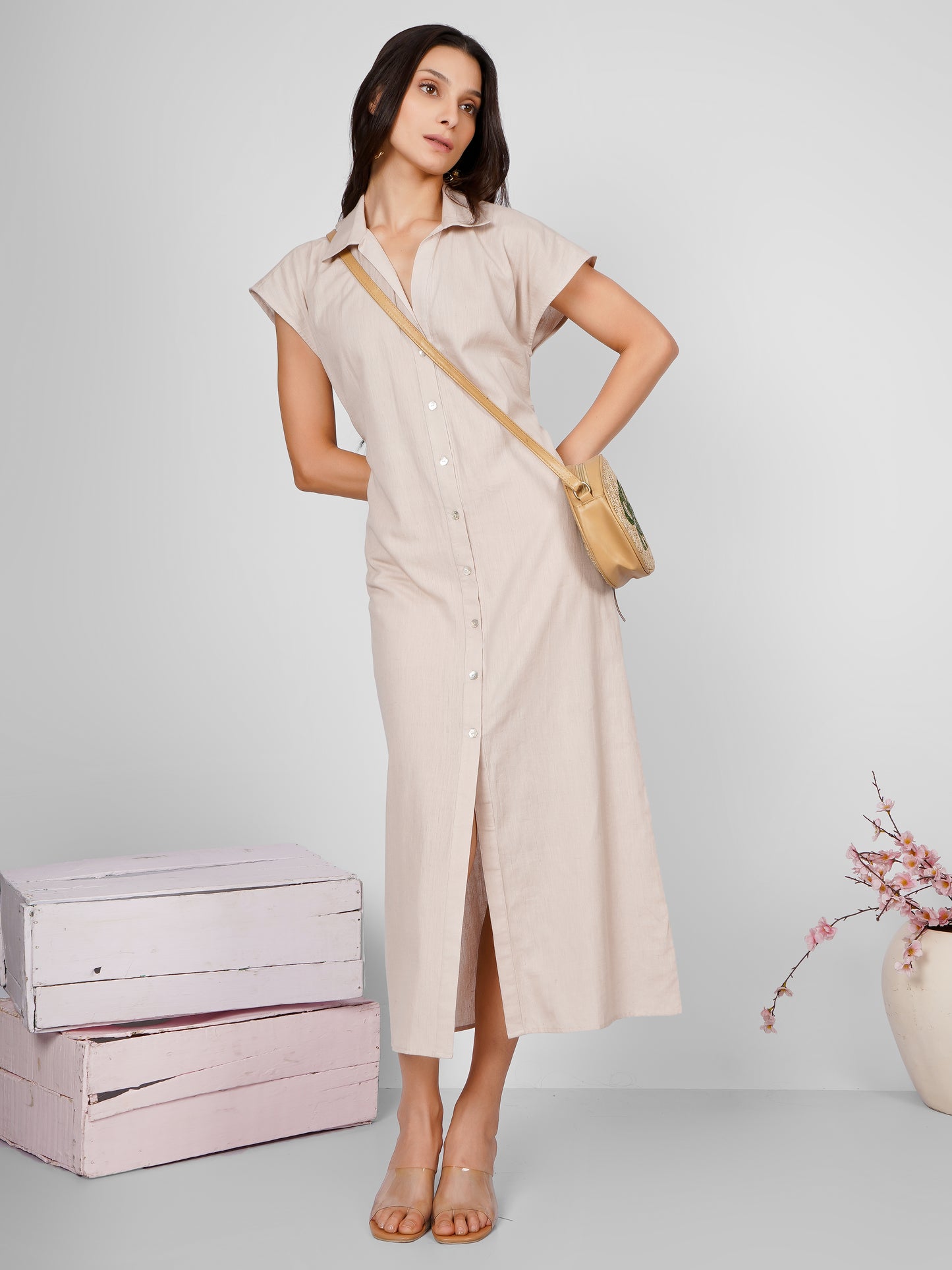 Beige Shirt Midi Dress