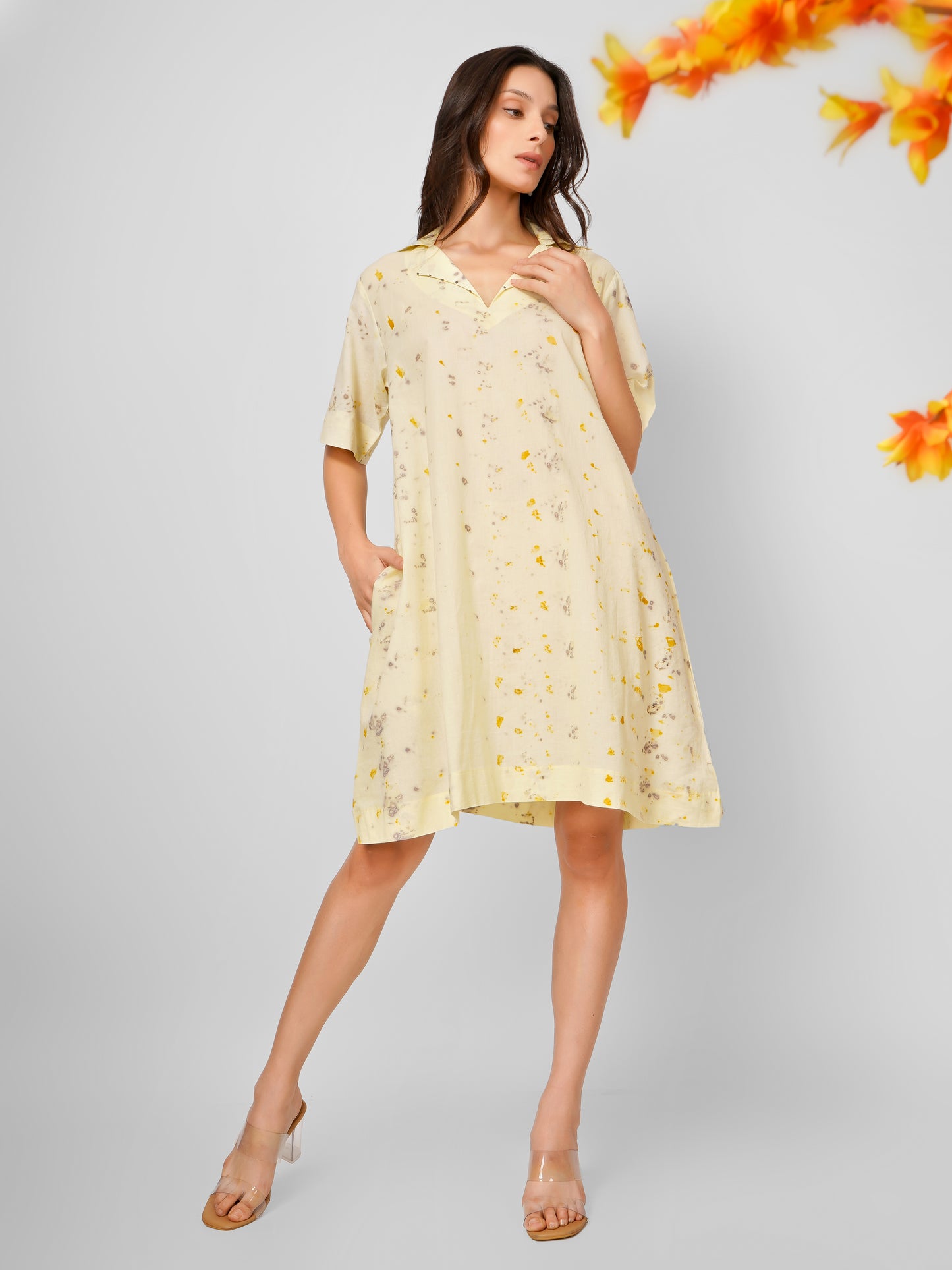 Yellow Natural Dyed Half Sleeve Collar Dress