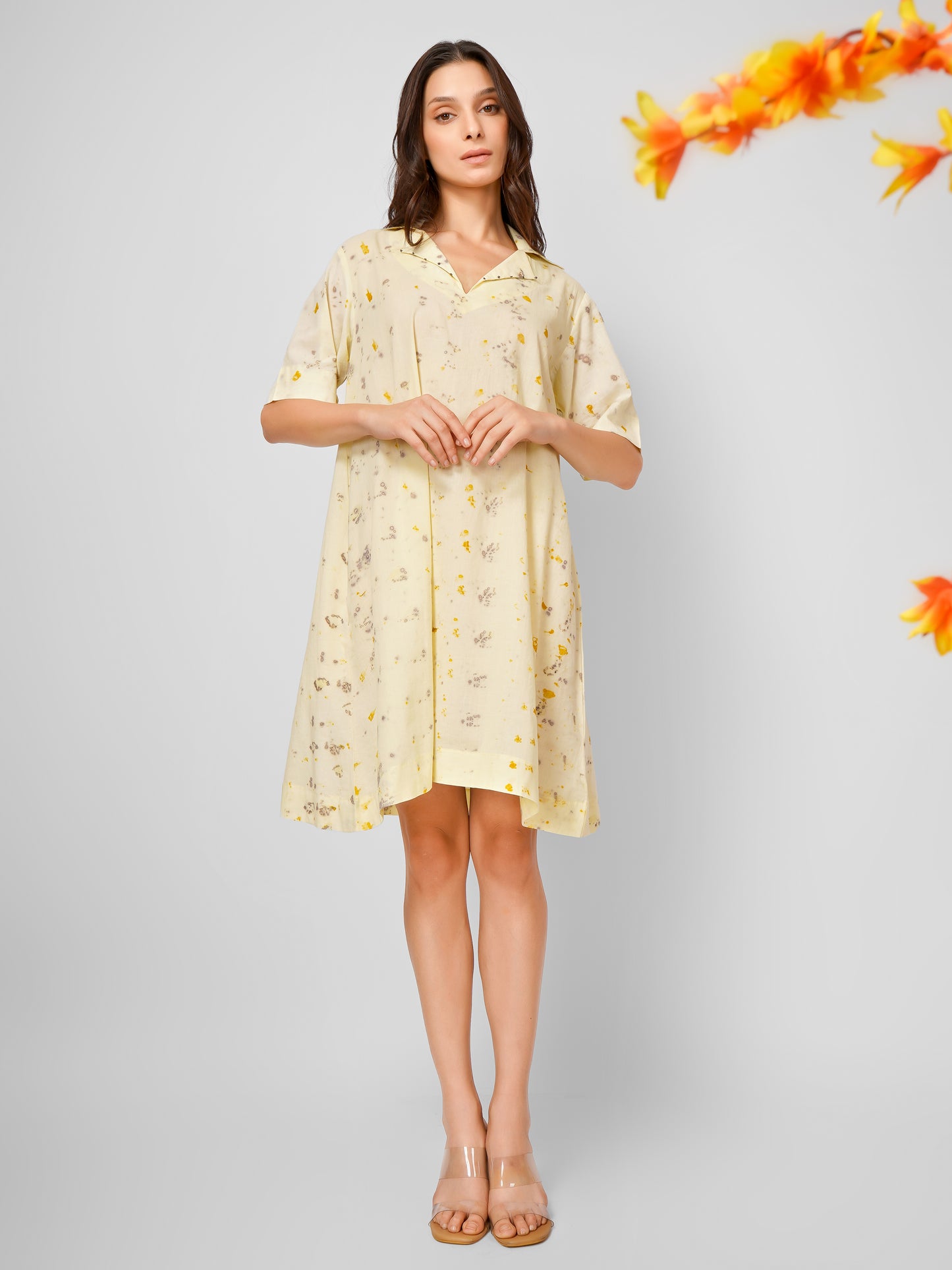 Yellow Natural Dyed Half Sleeve Collar Dress