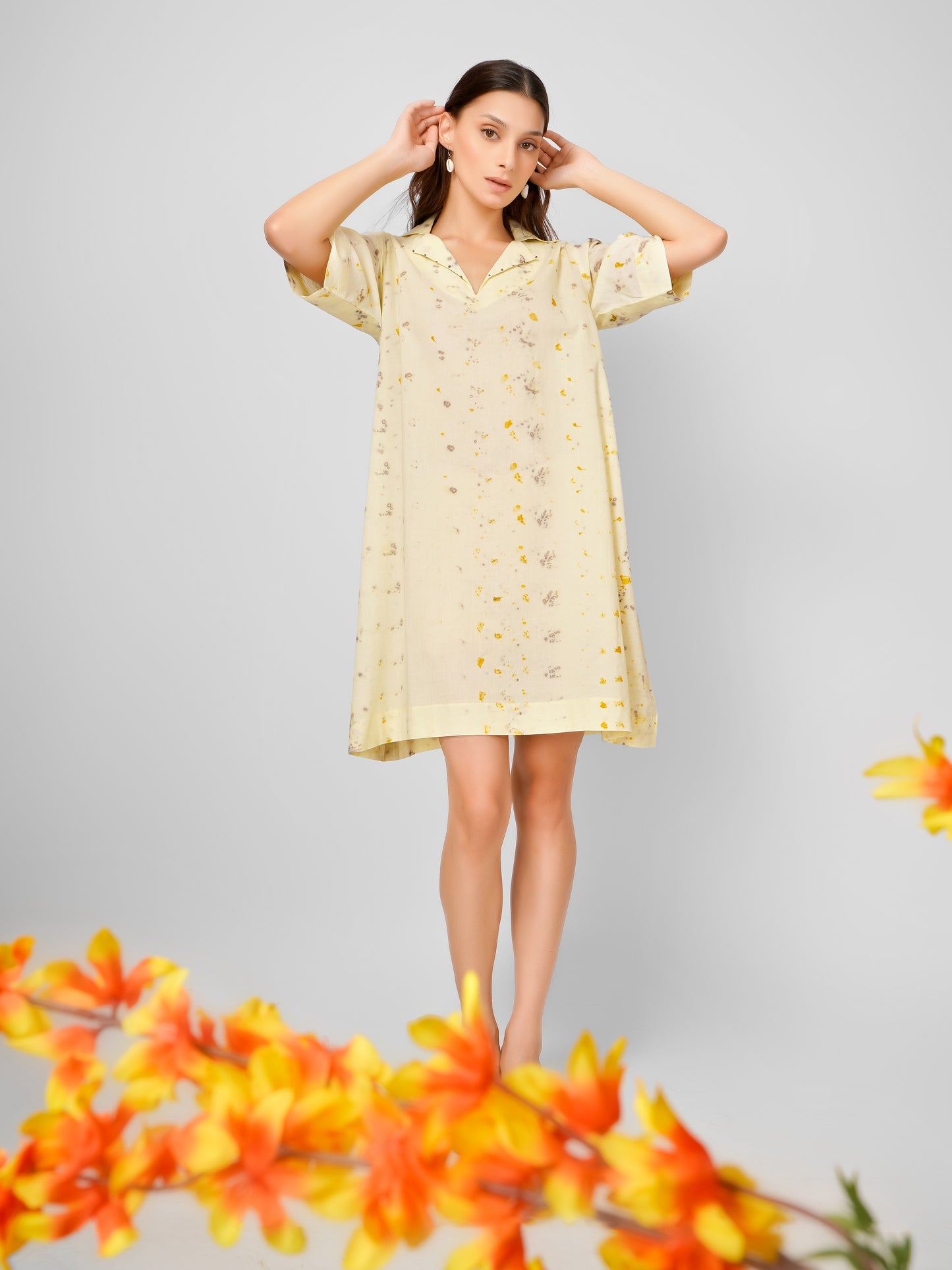 Yellow Natural Dyed Half Sleeve Collar Dress