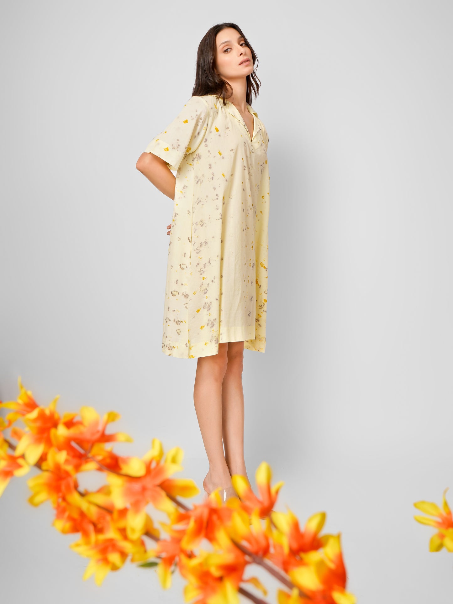 Yellow Natural Dyed Short Sleeve Collar Dress