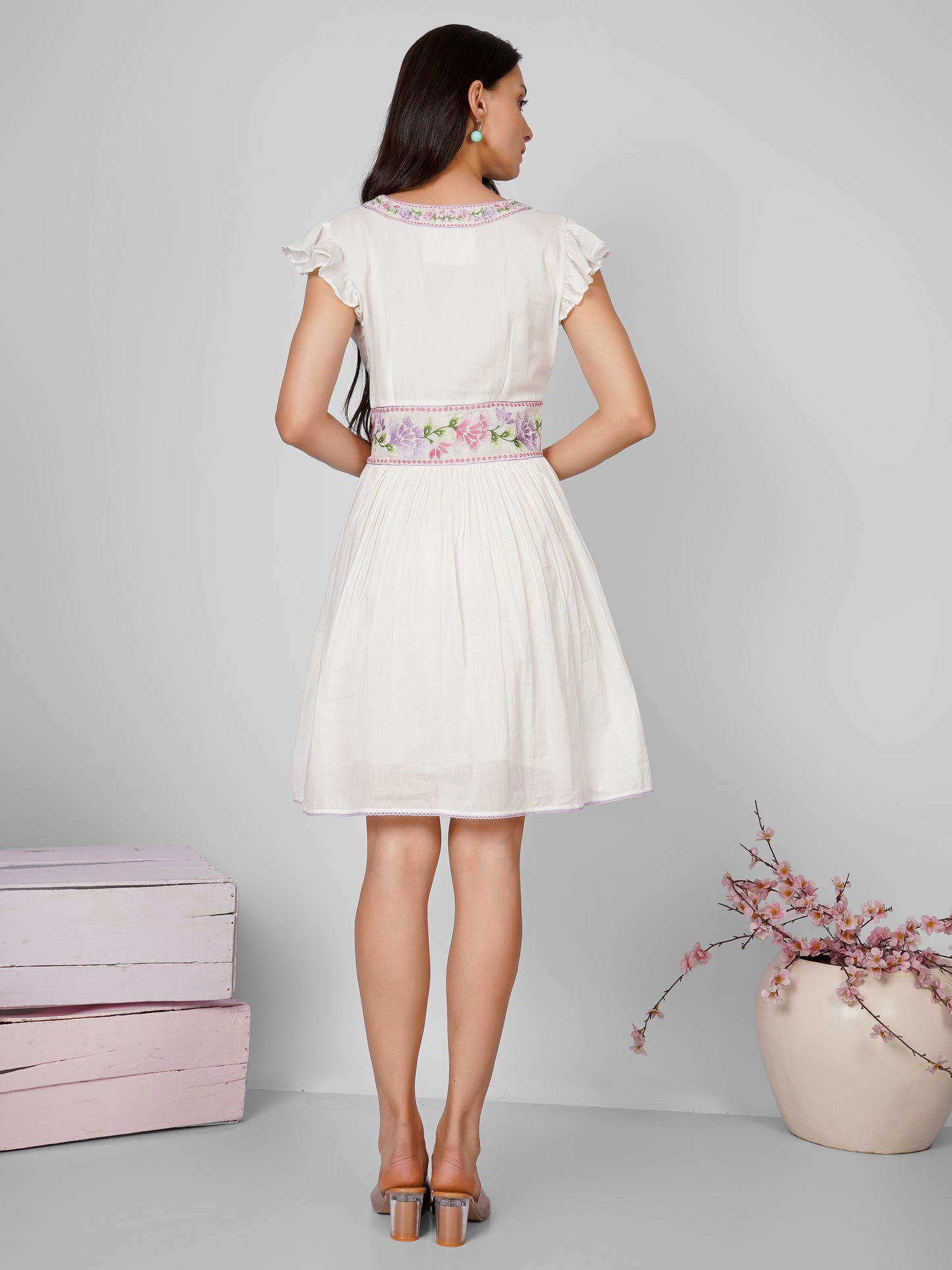 White Waist Embroidered Dress