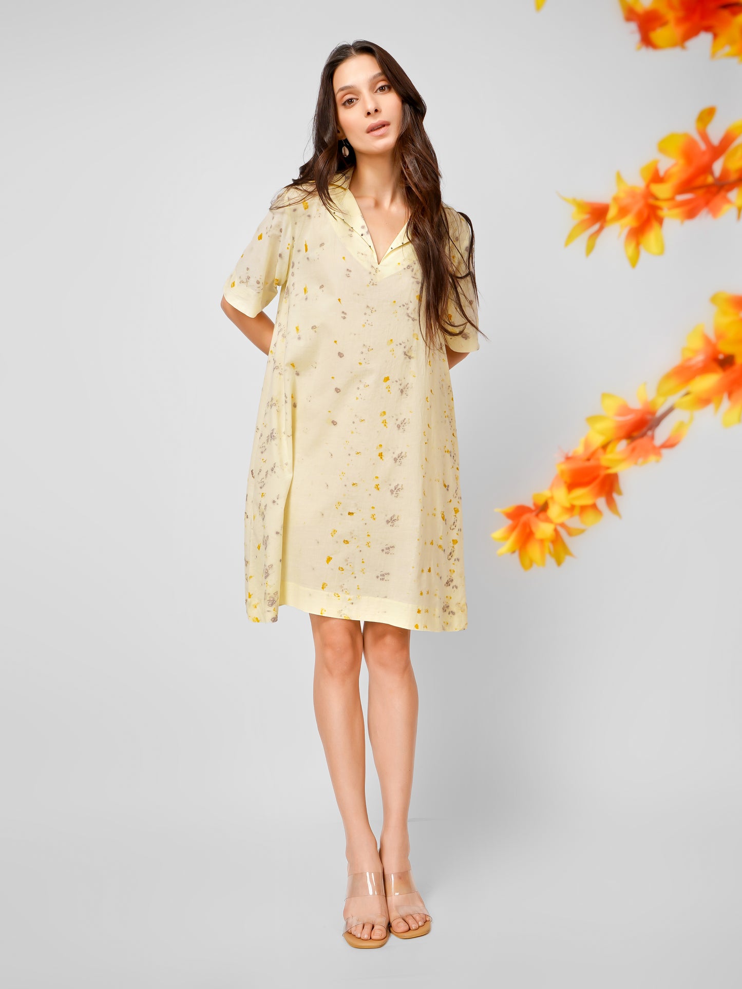 Yellow Natural Dyed Half Sleeve Collar Dress