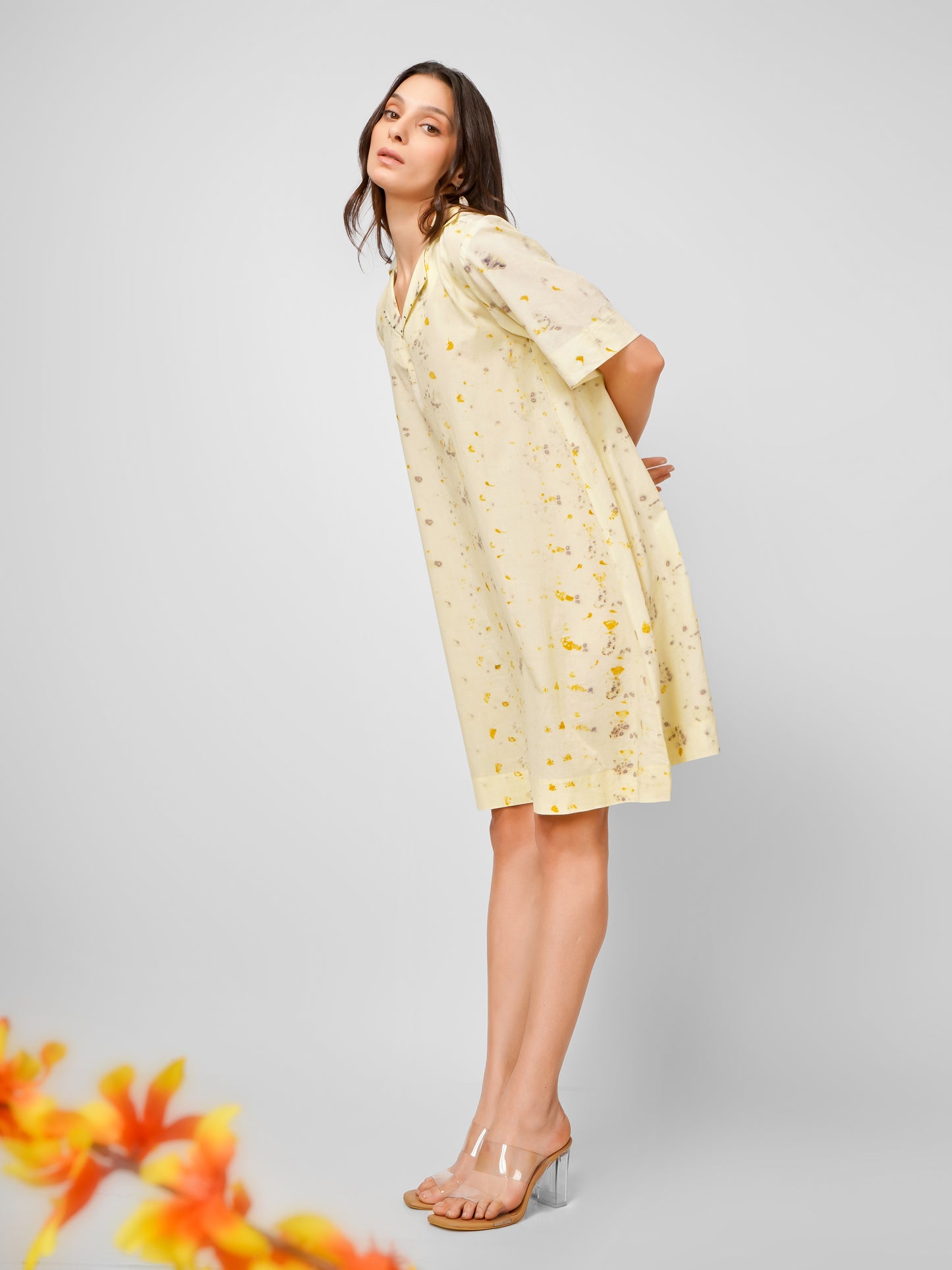 Yellow Natural Dyed Half Sleeve Collar Dress