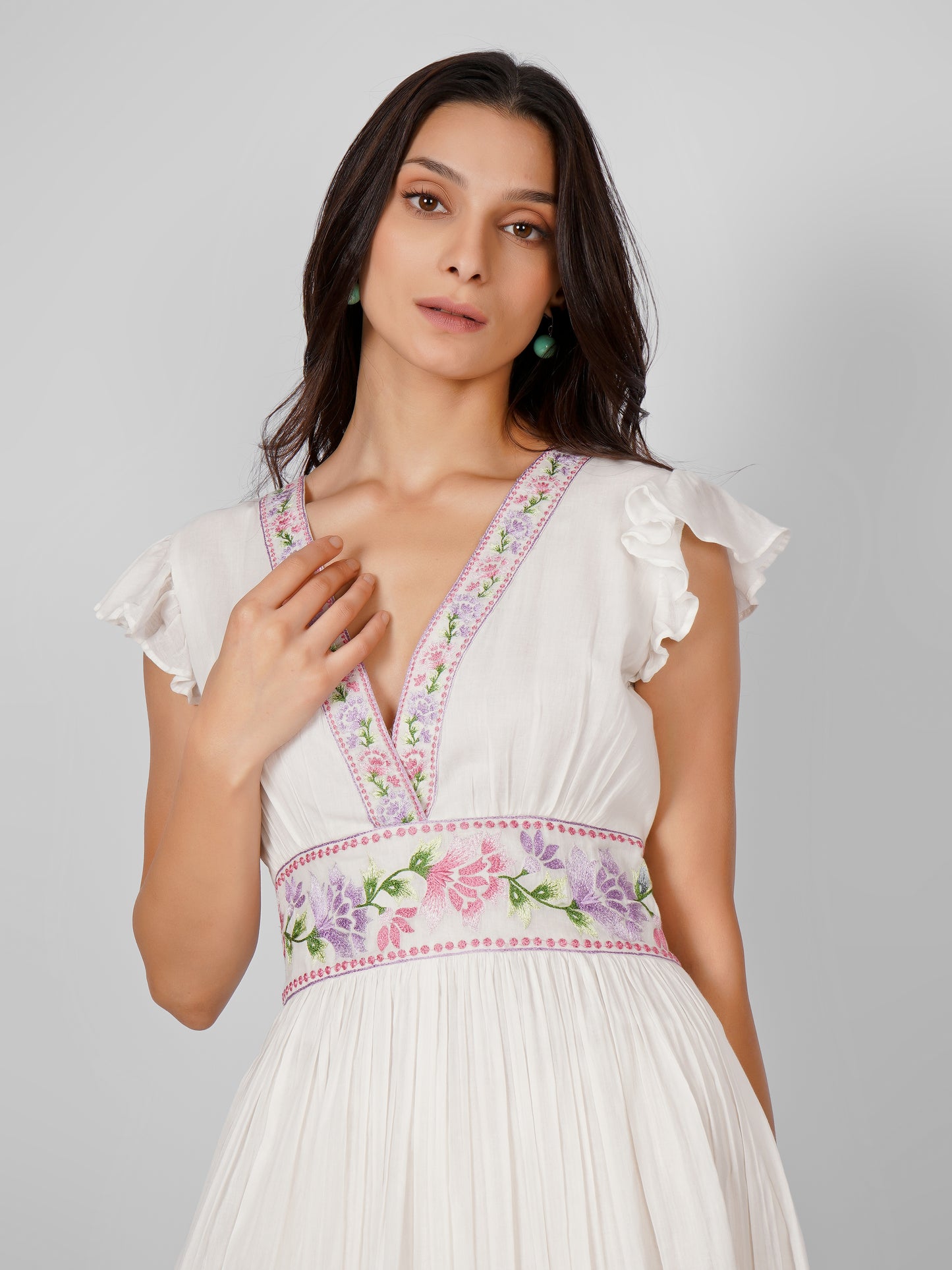 White Waist Embroidered Dress