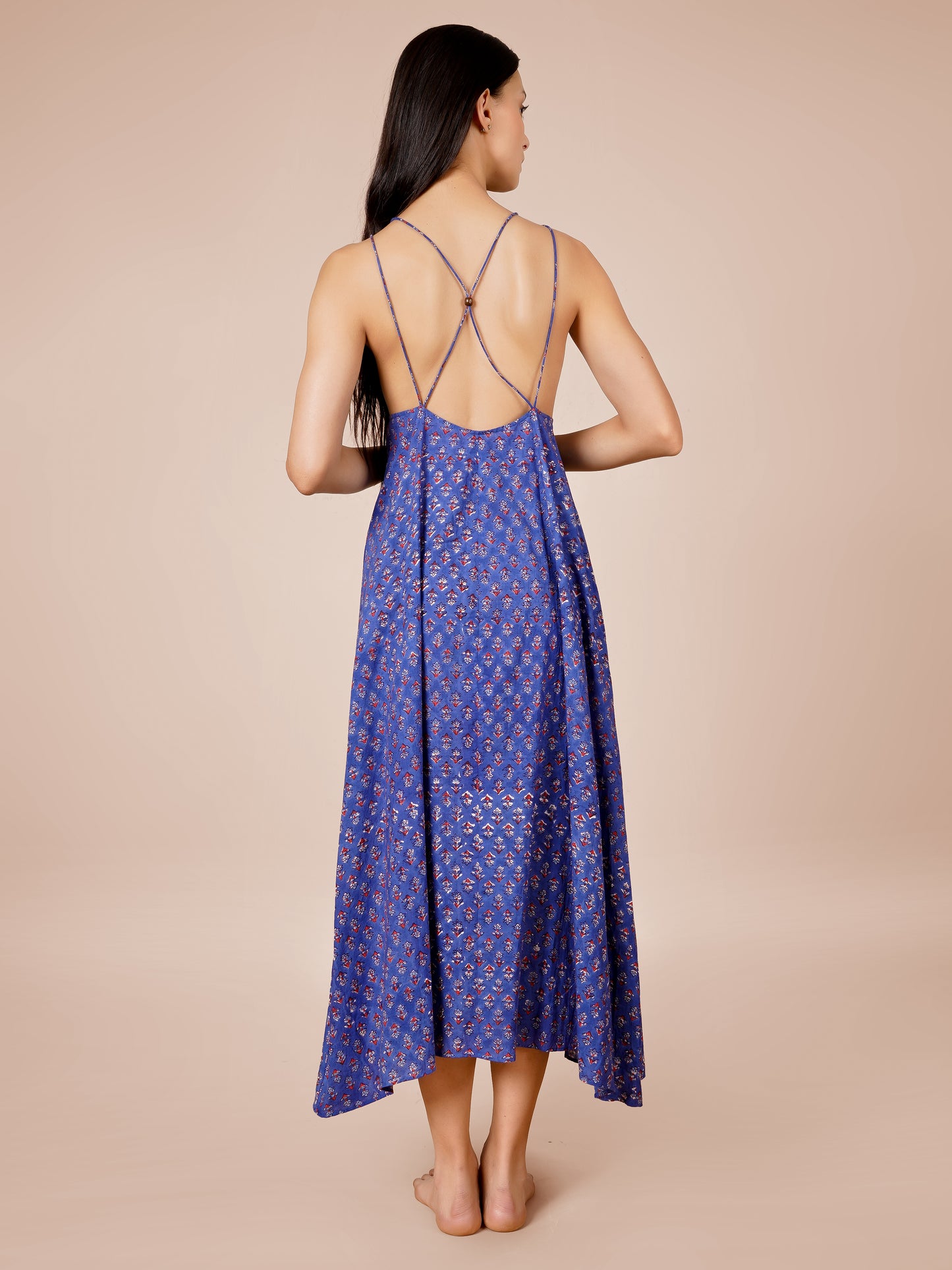 Blue Printed Backless Dress