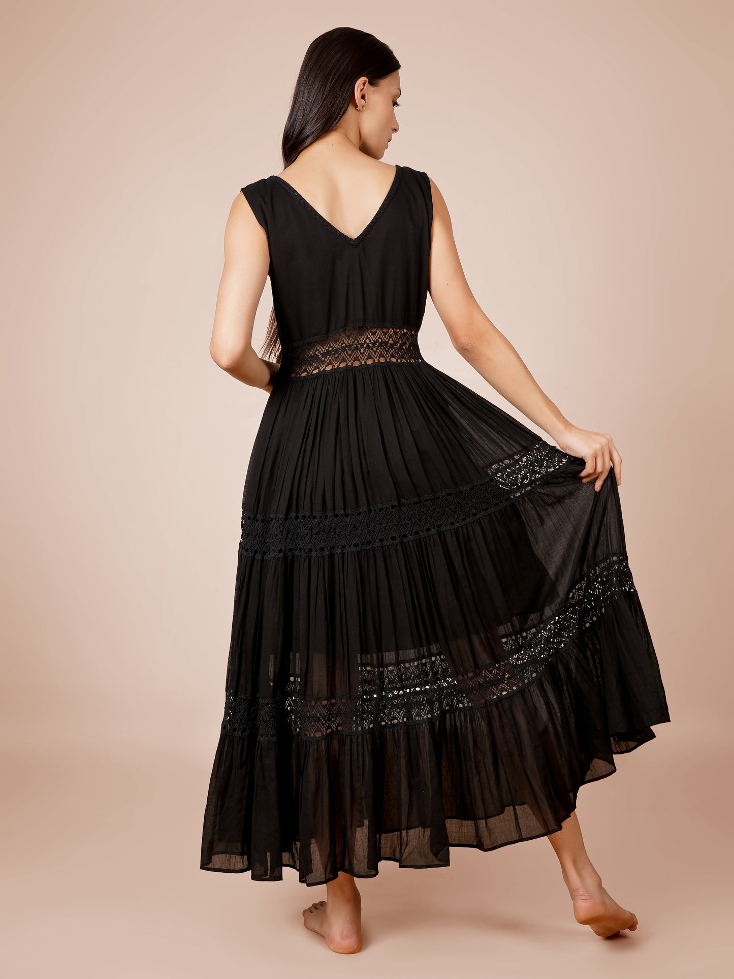 Black Gathered Lace Dress