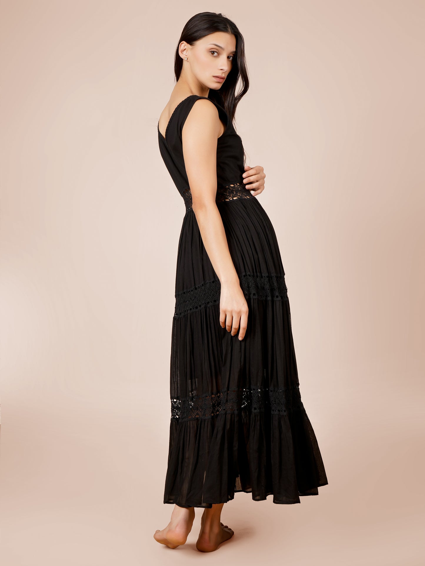 Black Gathered Lace Dress