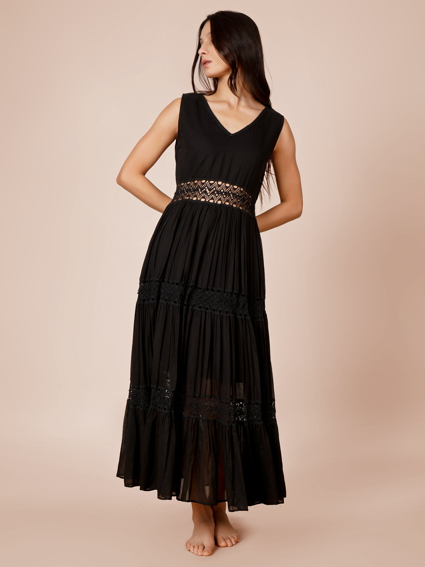 Black Gathered Lace Dress