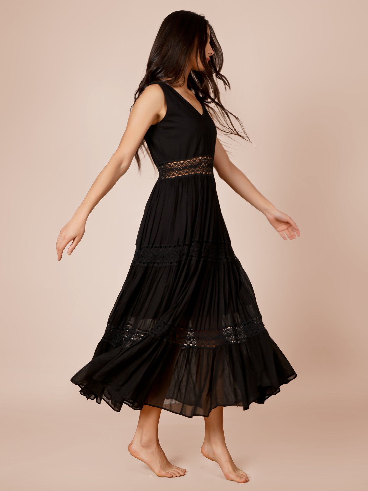 Black Gathered Lace Dress