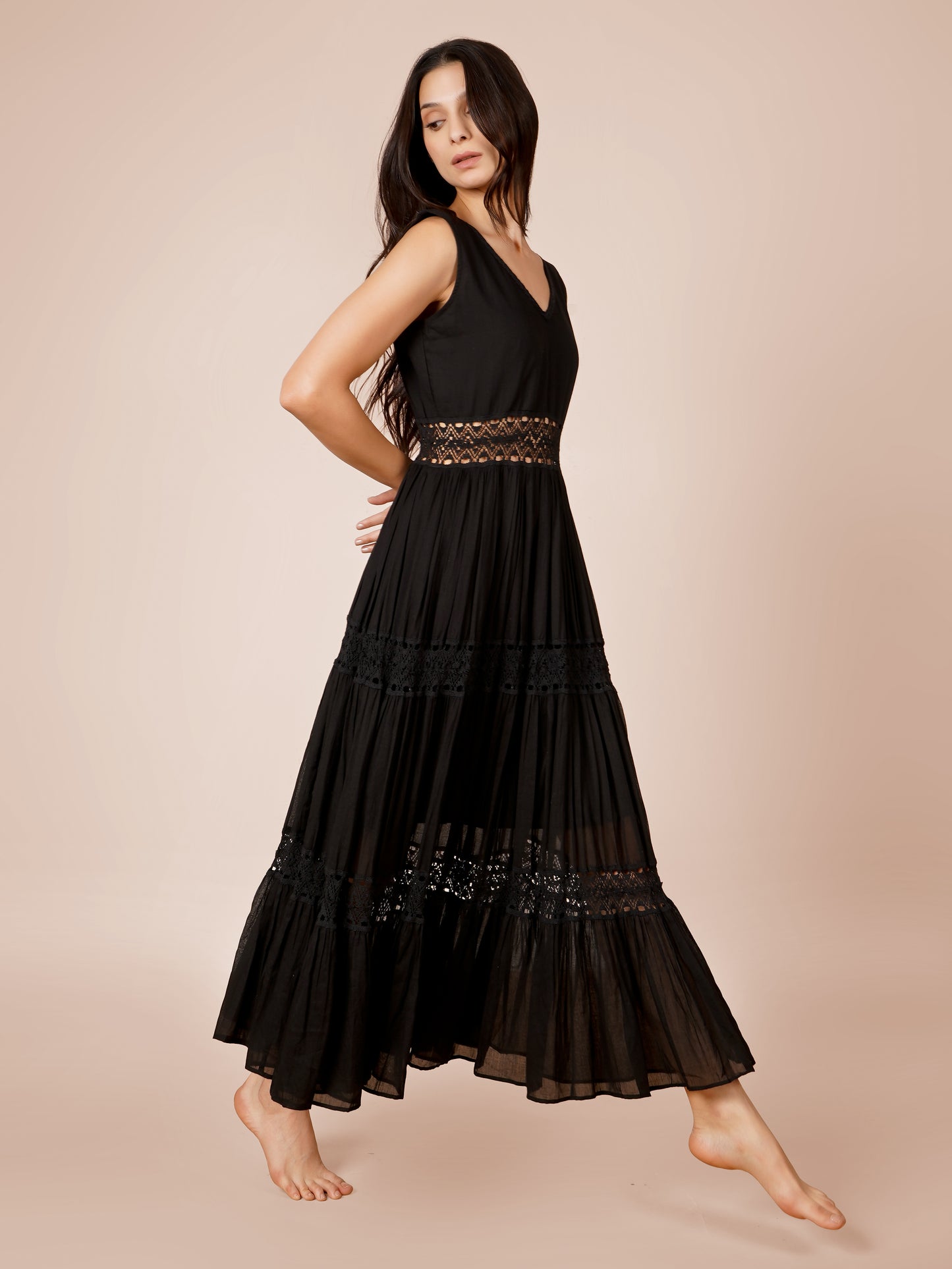 Black Gathered Lace Dress