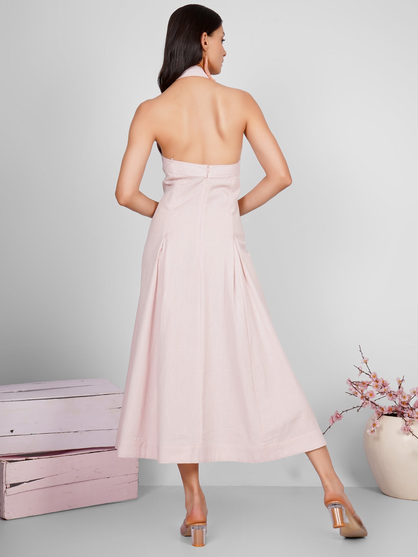 Pink Backless Halter Dress