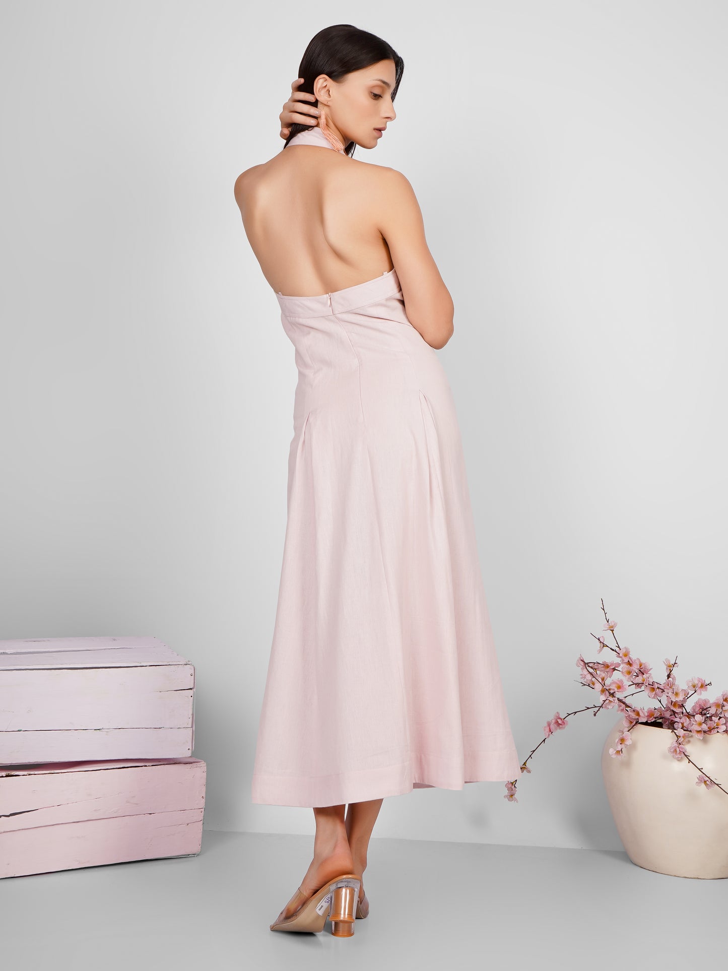 Pink Backless Halter Dress