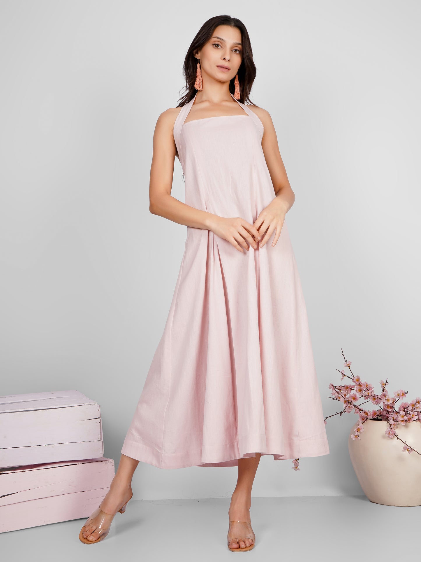 Pink Backless Halter Dress