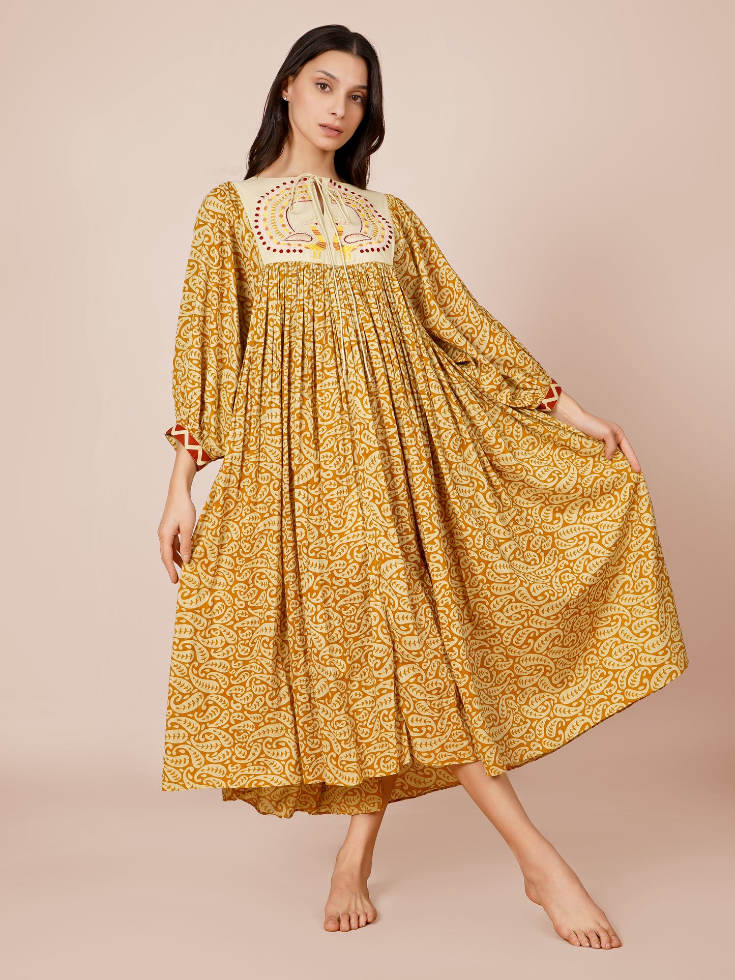 Mustard Printed Peacock Embroidery Dress