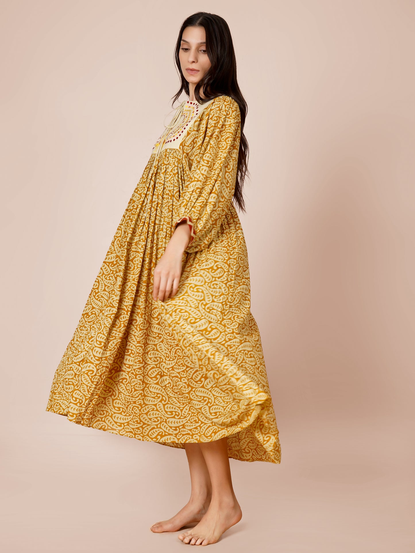 Mustard Printed Peacock Embroidery Dress