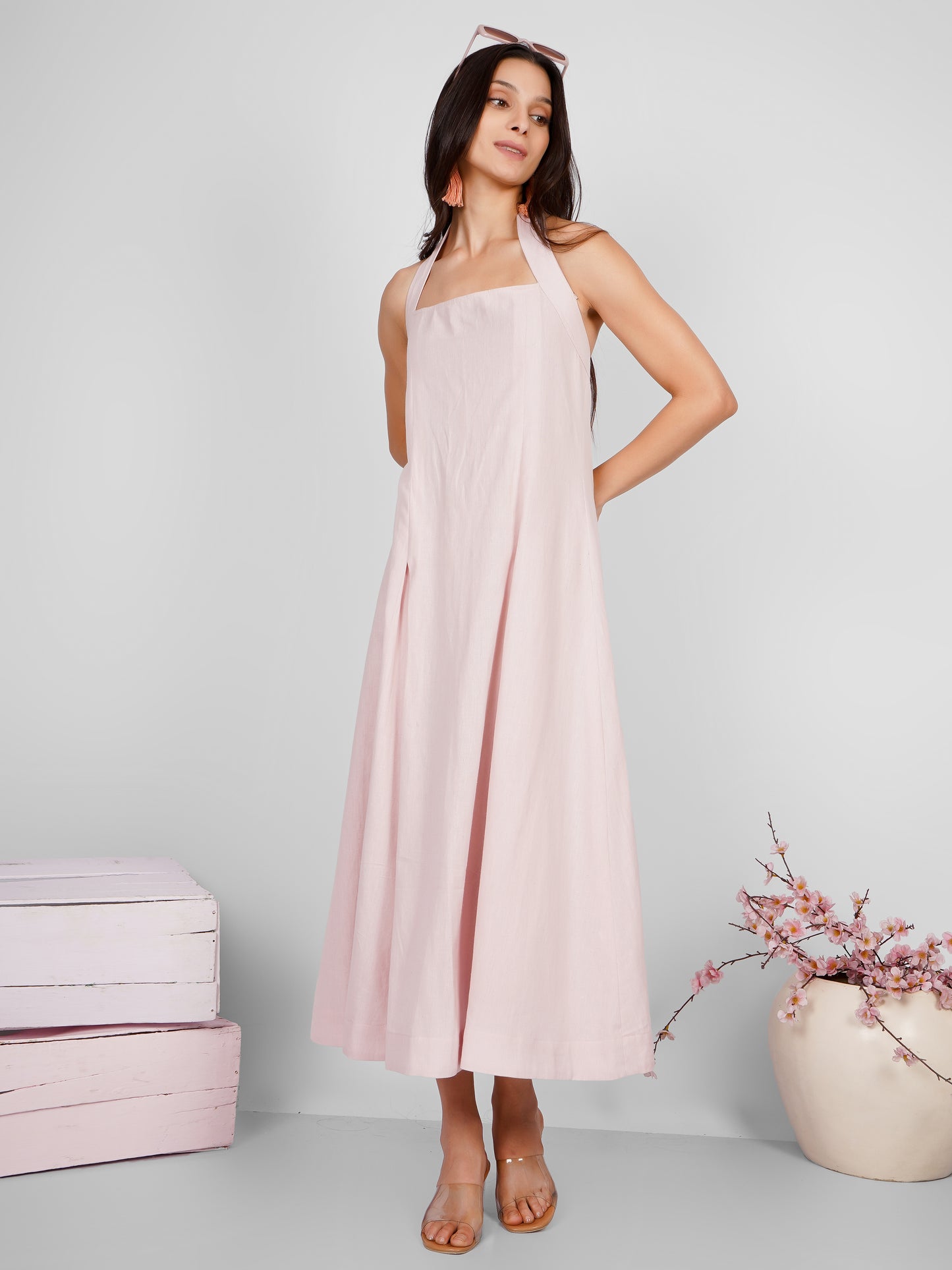 Pink Backless Halter Dress