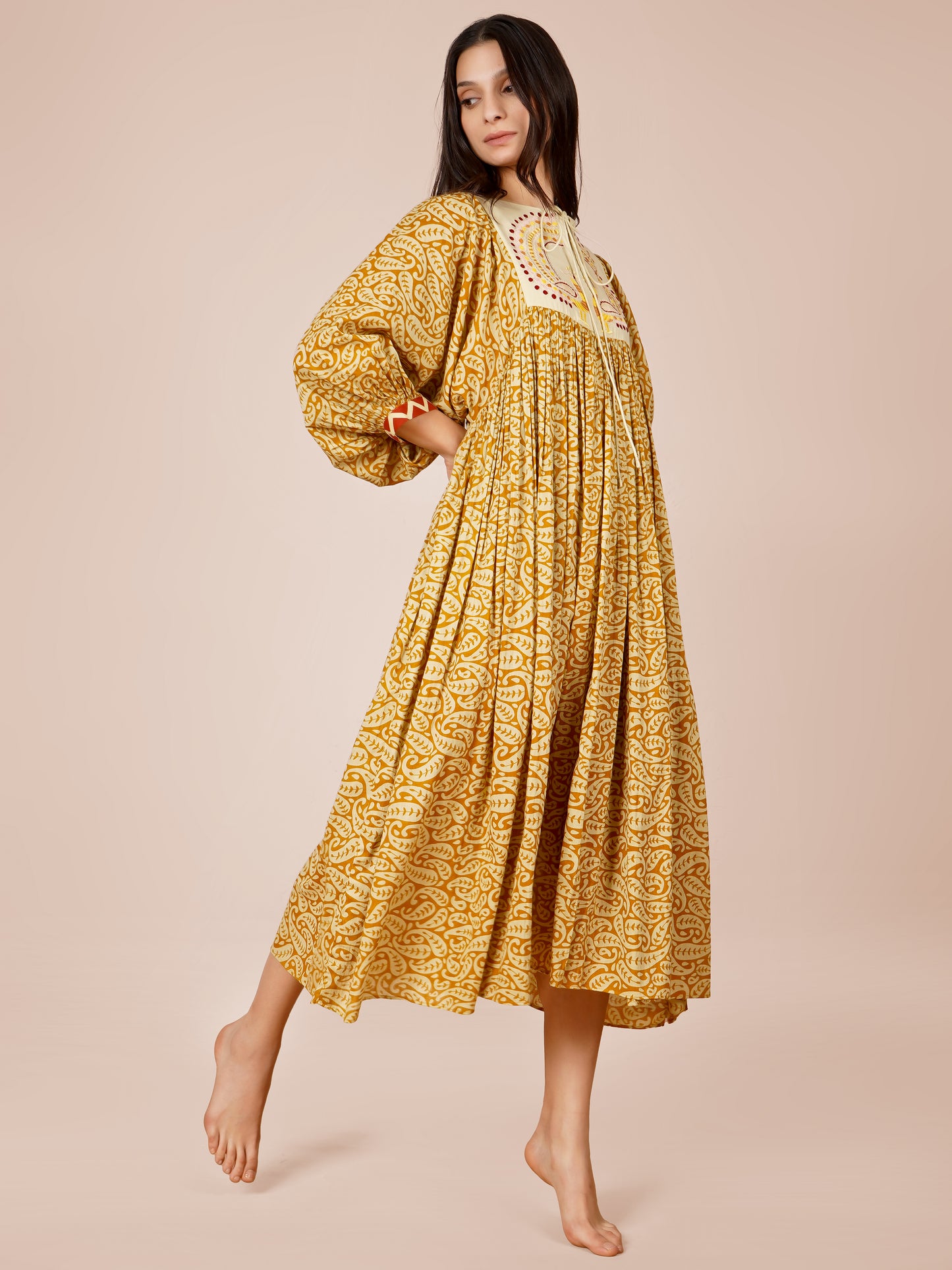 Mustard Printed Peacock Embroidery Dress