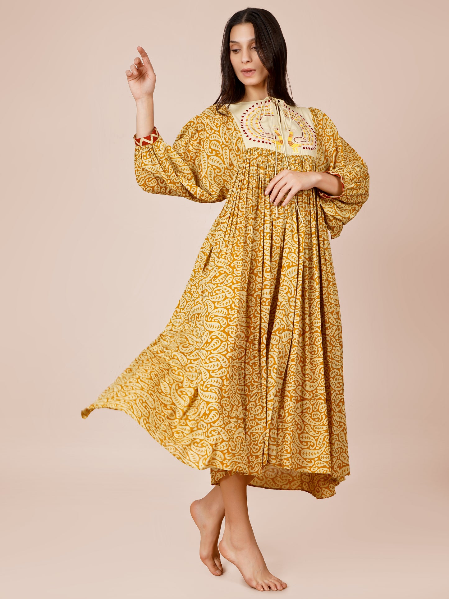 Mustard Printed Peacock Embroidery Dress