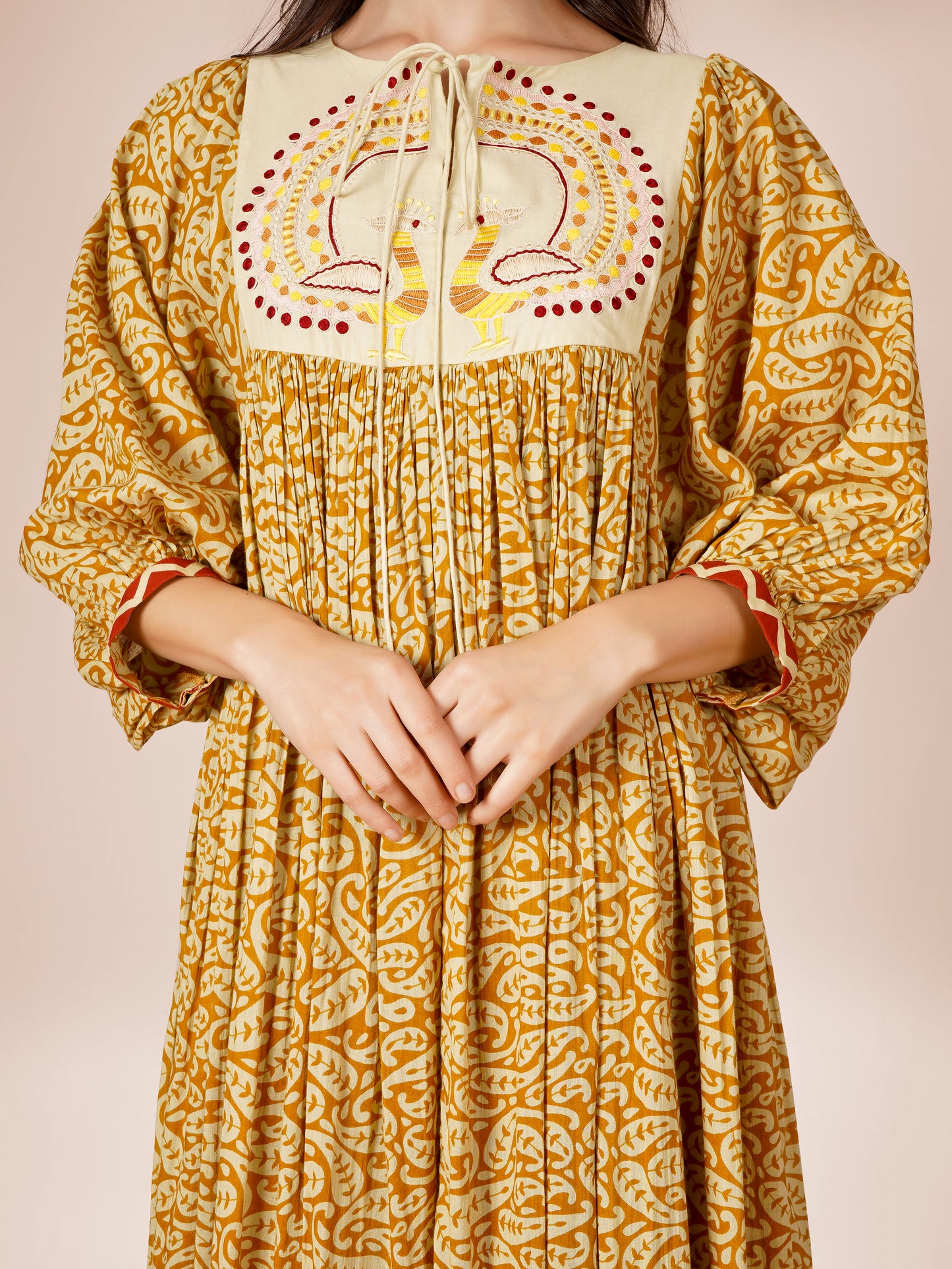 Mustard Printed Peacock Embroidery Dress